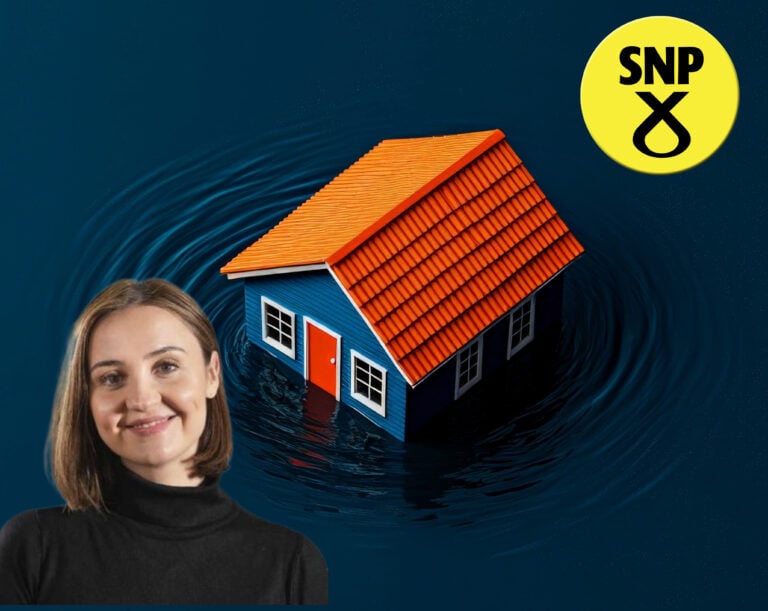 SNP Màiri McAllan next to a house with SNP logo on a dark blue background