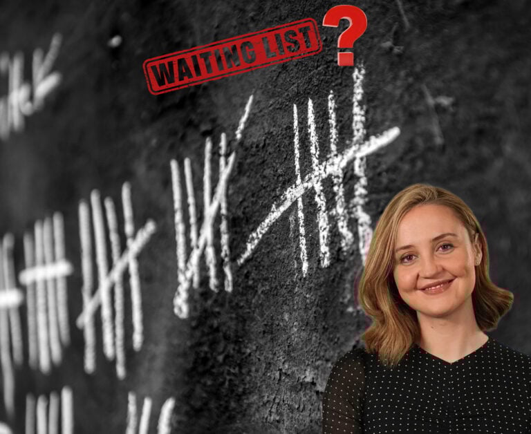 Five bar fence counting on a blackboard with an image of SNP Mairi McAllan and a waiting list stamp with a question mark