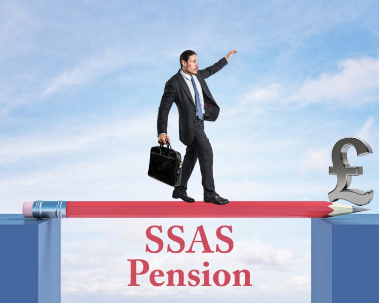Businessman with briefcase balancing on pencil between 2 playforms saying SSAS Pensions, a silver pound sign and blue sky backdrop