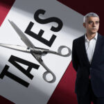 Word taxes on paper with open scissors as the x with an image of Sadiq Khan