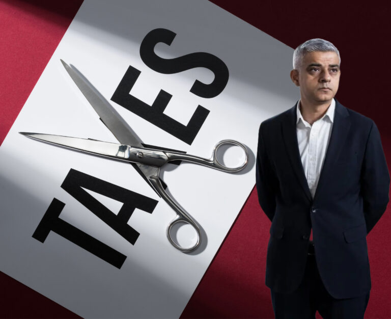 Word taxes on paper with open scissors as the x with an image of Sadiq Khan