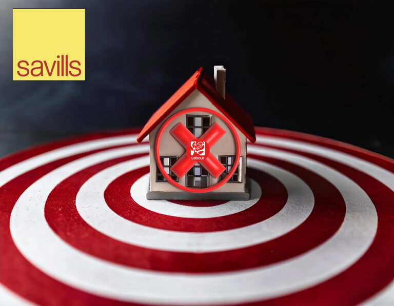 Small house with red X sign on top of white and red circles with Savills logo
