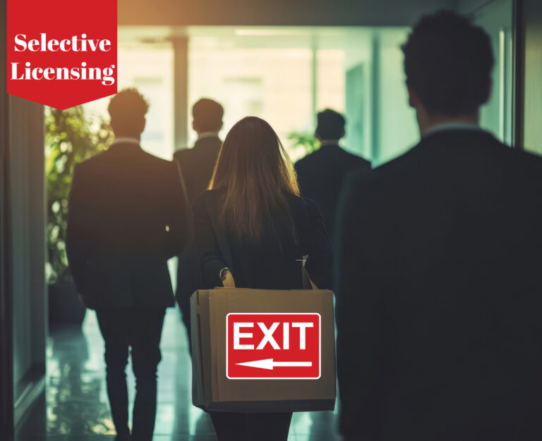 People like landlords are leaving a building and a sign saying exit with a label stating selective licensing