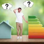 A house with an epc graph and inbetween a man looking puzzled with thought bubbles and question marks inside