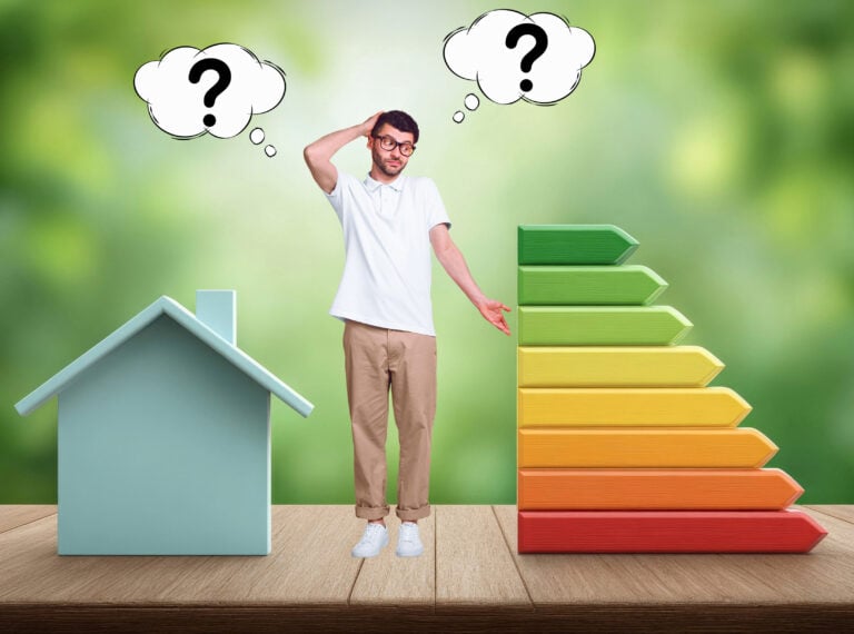 A house with an epc graph and inbetween a man looking puzzled with thought bubbles and question marks inside