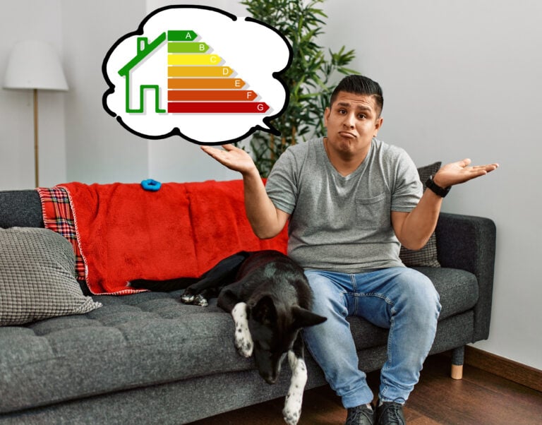 A tenant sitting with his dog on a sofa in a house looking unaware with a thought bubble and an EPC graph