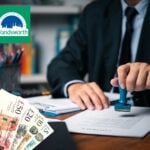 UK notes in front of a desk where a businessman is stamping papers