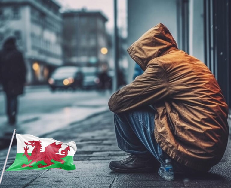 a homeless person on the street and a welsh flag