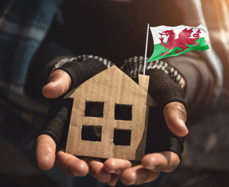 Homeless man holding a cardboard cutout of a house and a welsh flag