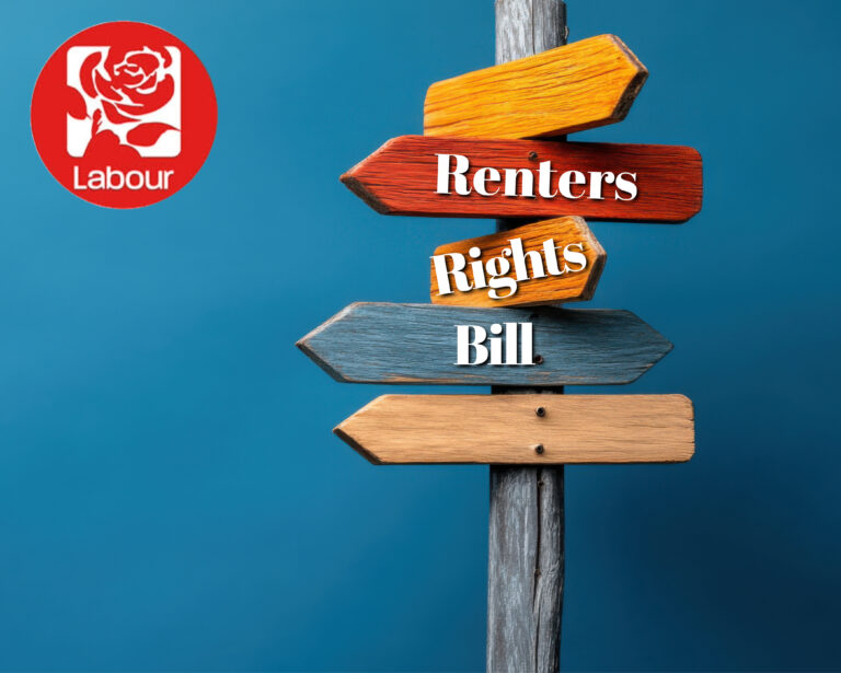 Signposts with the words Renters Rights Bill and the Labour logo