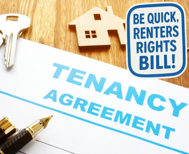 A desk showing a tenancy agreement, keys, a house and the text be quick Renters Right Bill