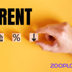 The word RENT on a yellow background with three small boxes showing images of a house, a percentage sign, and a hand holding a box with an arrow pointing down, with the Zoopla logo