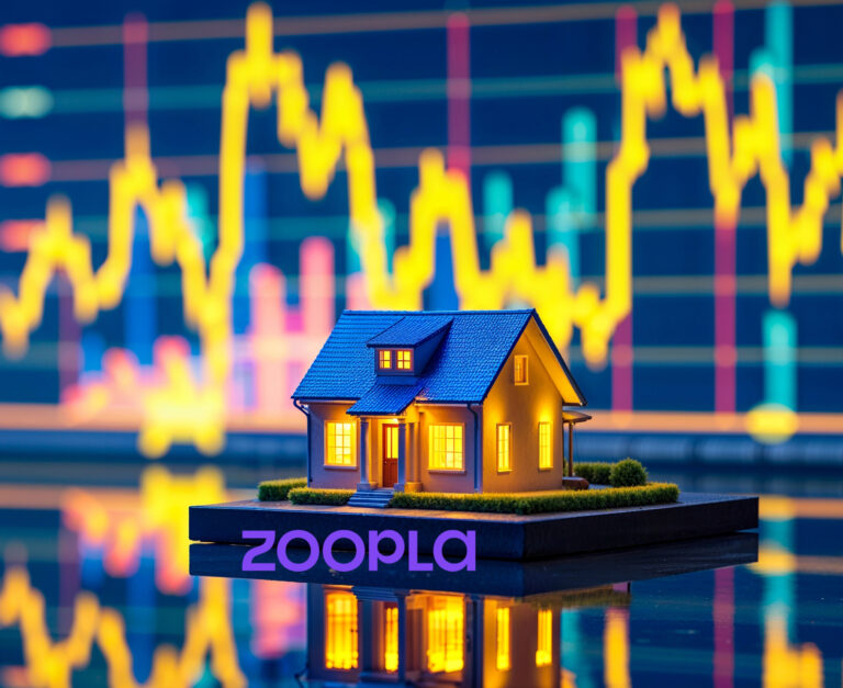 House lit up, sitting on Zoopla logo with a graph in background
