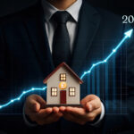 Graph showing projected rise in UK house prices by 2029 with businessperson holding a house model.