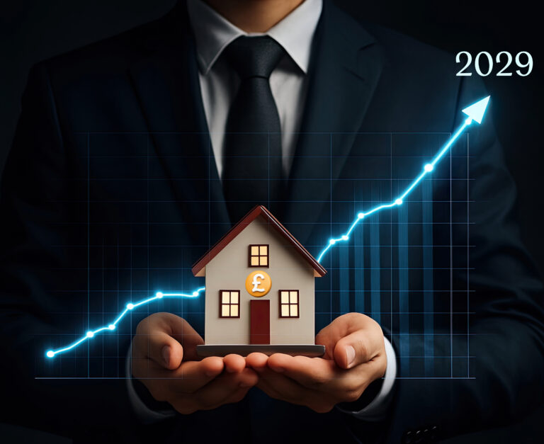 Graph showing projected rise in UK house prices by 2029 with businessperson holding a house model.