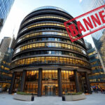 Circular glass office building with "BANNED" stamped across it, symbolising ban on upward-only rent reviews