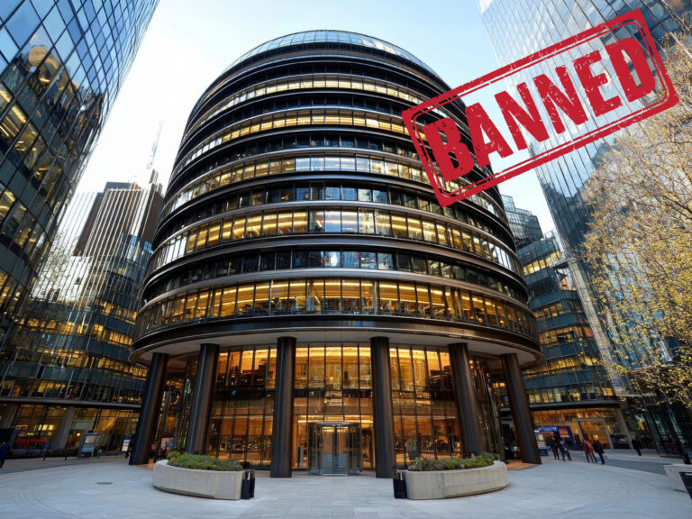 Circular glass office building with "BANNED" stamped across it, symbolising ban on upward-only rent reviews