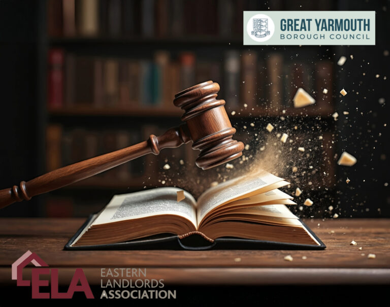 Legal hammer onto a book and breaking particles and Grteat Yarmouth Borough council logo