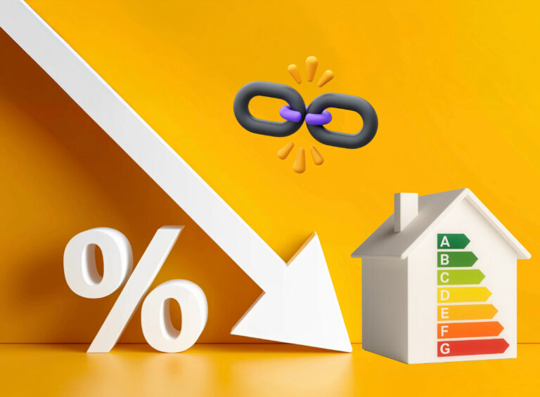 Percentage and down arrow next to an epc house and a link sign