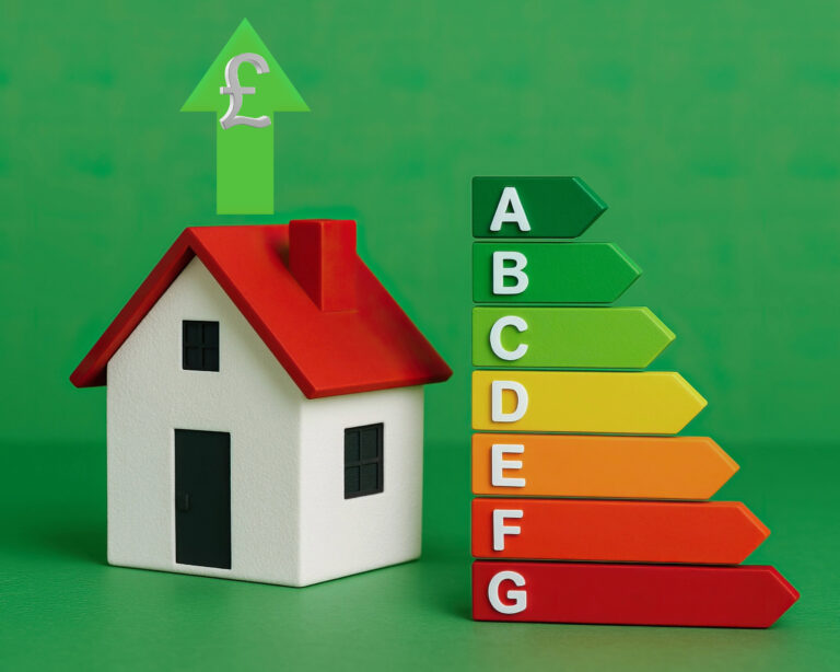 EPC graph with a house and on up arrow and a paound sign