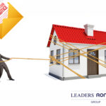 A businessman pullinga house with rope and an eviction otice