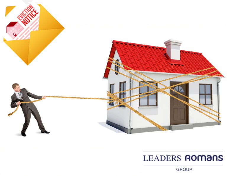 A businessman pullinga house with rope and an eviction otice