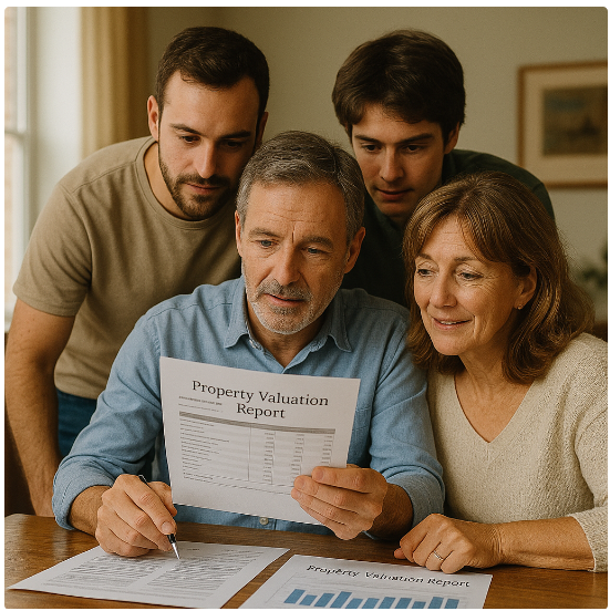 Family reviewing property valuation report as part of LLP succession and continuity planning.