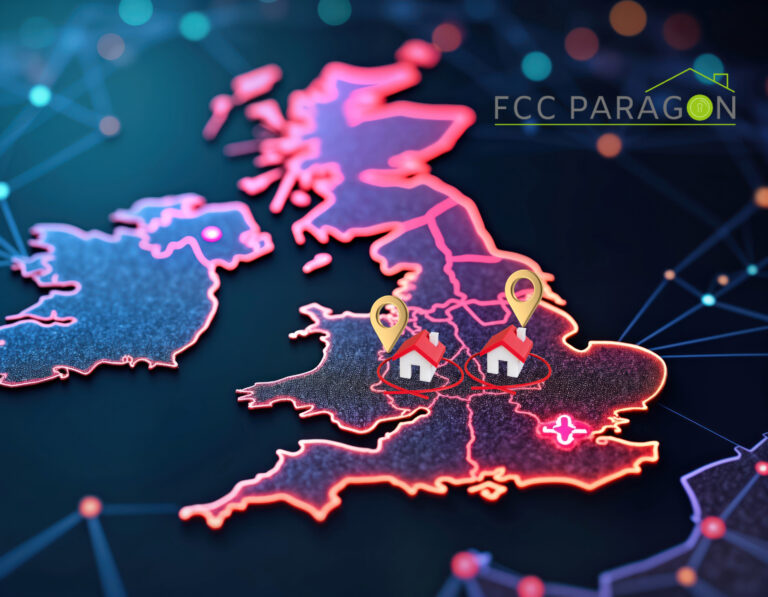 Modern map of england with location pins and circled houses