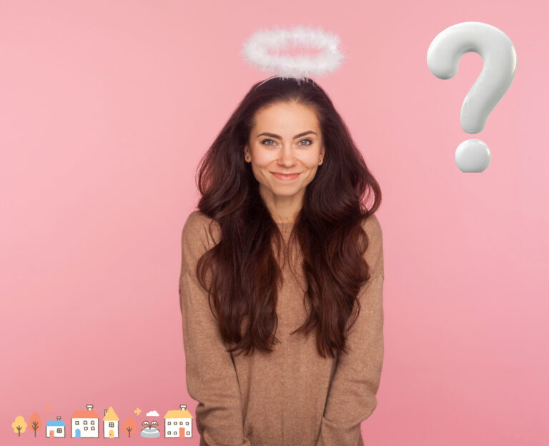 a lady with a halo and houses