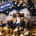 Man surrounded by money symbolizing myths about wealthy landlords being challenged