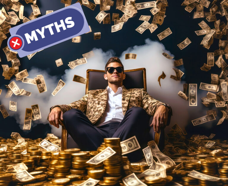 Man surrounded by money symbolizing myths about wealthy landlords being challenged
