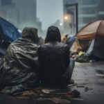 Two people sit together in a rainy tent encampment, highlighting the risk of homelessness for renters.