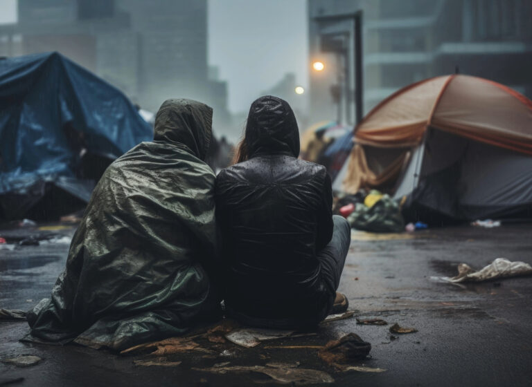 Two people sit together in a rainy tent encampment, highlighting the risk of homelessness for renters.