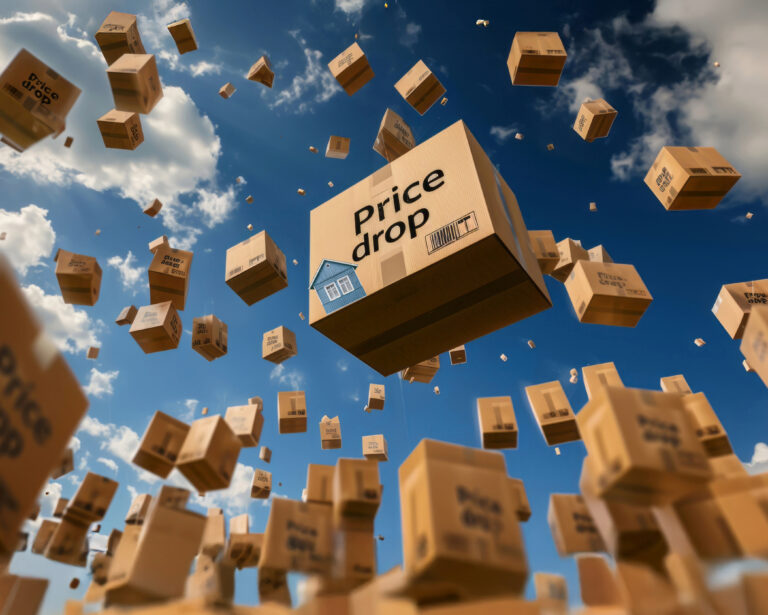 boxes falling from sky with price drop wording