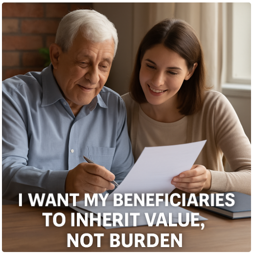 Older man and younger woman reviewing estate planning documents together at a table