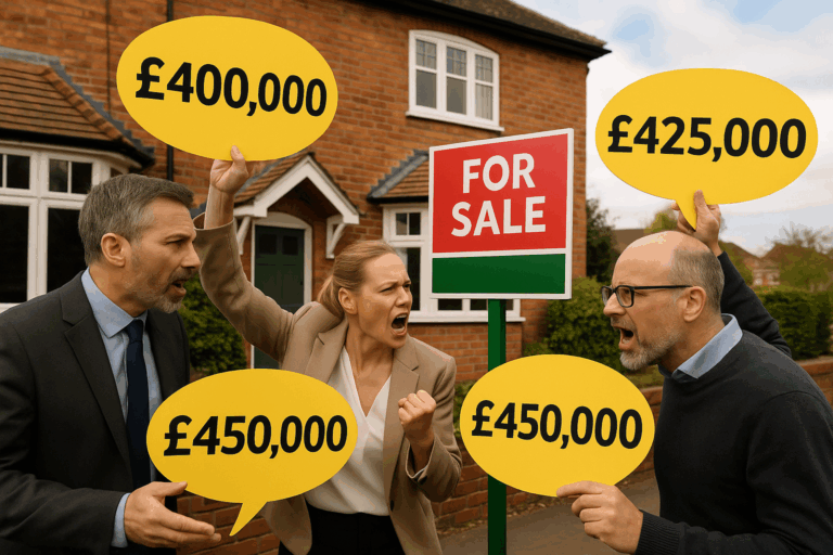 people surrounded by a for sale sign holding different house prices outside a house