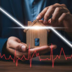 Wooden house model with downward financial graph symbolizing UK property market slump