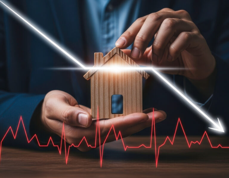 Wooden house model with downward financial graph symbolizing UK property market slump