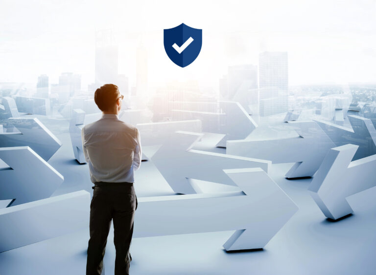 a person looking outwards at a city skyline with arrows pointing in different directions with a blue tick mark shield.