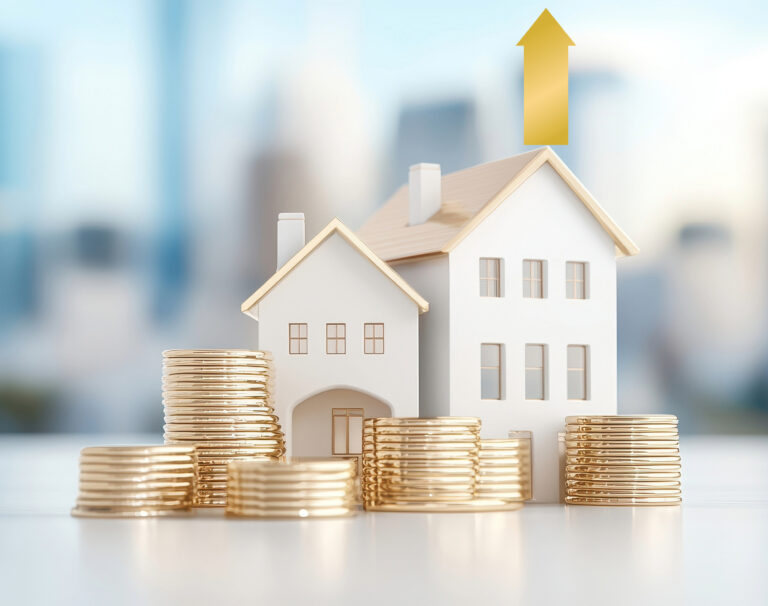 Houses with gold coind and a gold up arrow