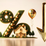 Falling mortgage rates symbolized by a gold arrow and house with percentage sign.