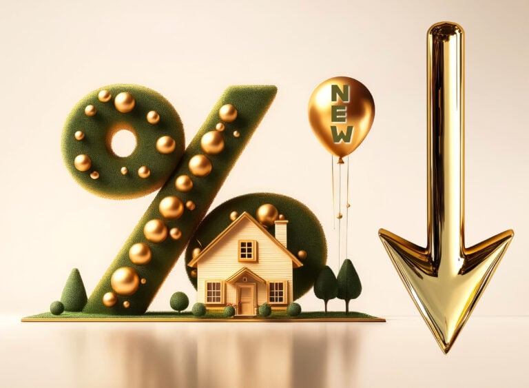 Falling mortgage rates symbolized by a gold arrow and house with percentage sign.