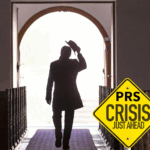 a man in a bowler hat walking out of a hallway next to a sign saying PRS crisis