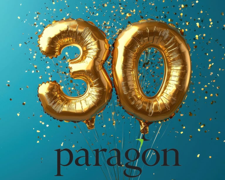 age 30 balloons and confetti with Paragon Bank logo