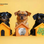 Dogs with glasses behind houses on a yellow background