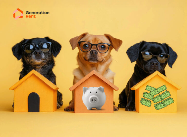 Dogs with glasses behind houses on a yellow background