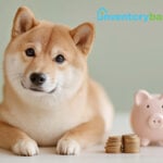 Shiba Inu dog beside stacked coins and piggy bank representing rental pet deposit savings.