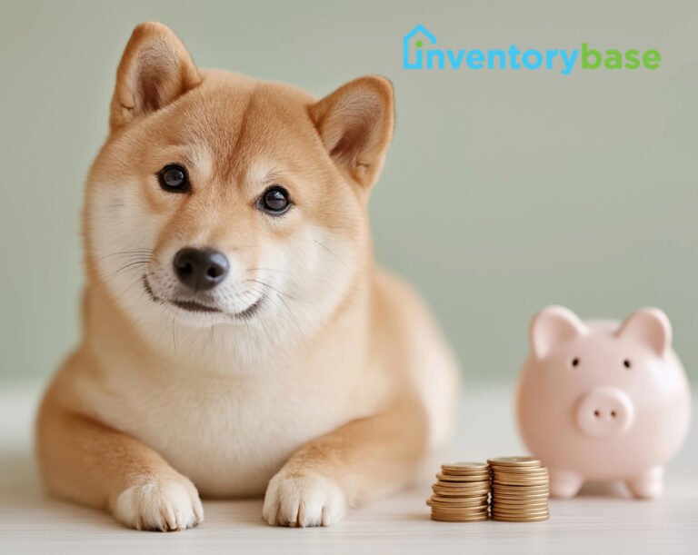 Shiba Inu dog beside stacked coins and piggy bank representing rental pet deposit savings.