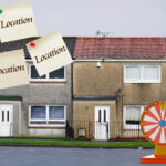 Houses with sticky notes labeled "Location" and a spinning wheel symbolizing postcode lottery in housing.