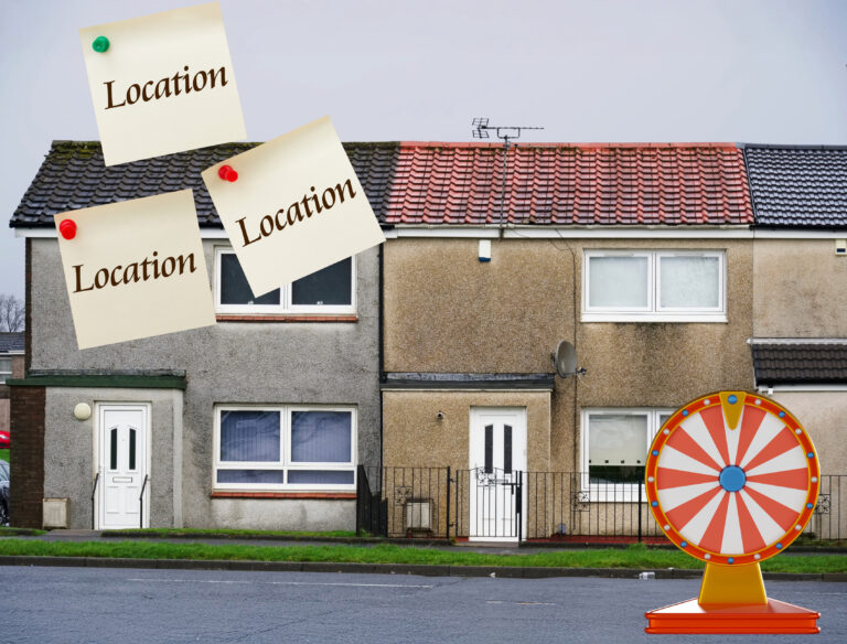 Houses with sticky notes labeled "Location" and a spinning wheel symbolizing postcode lottery in housing.